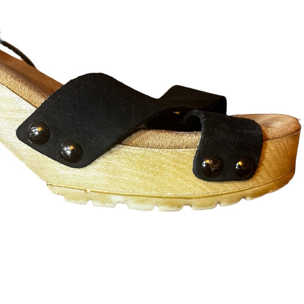 Women's Porronet Mabel Leather Sandals, Black & Wood Platform - Picture 8 of 12